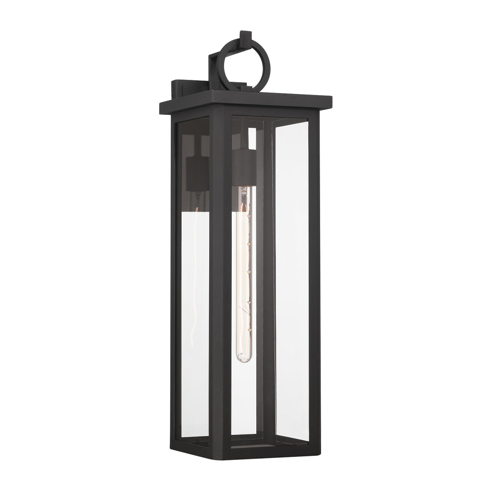 Boadie 1 Light Outdoor Sconce 8"x25" Stainless Steel and Glass Matte Black Finish 120V E26 LED Bulb Socket for Patio, Garden, Exterior Walls