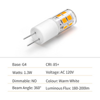 10 Pack G4 1.3W Bi Pin 3000K/6000K LED Ceramic Capsule 120V Line Voltage Bulb Energy Efficient Light