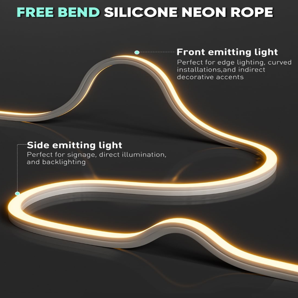 Outdoor Landscape Lighting LED 12V Low Voltage SLN14 Dotless Neon LED Strip Light 120V 3W/ft 120LEDs/M Free Bend IP65 Outdoor Rated High Voltage Soft Silicone Strip Light with Aluminum Clamps, Screws, End Cap and Power Cable