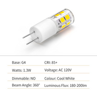 10 Pack G4 1.3W Bi Pin 3000K/6000K LED Ceramic Capsule 120V Line Voltage Bulb Energy Efficient Light