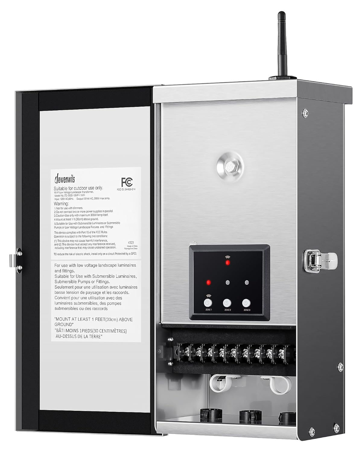 Outdoor Landscape Lighting LED 12V Low Voltage TSWZ300 300W AC 3 Zone Digital Smart Wi-Fi 2.4Ghz 12V/14V Independent Outputs, Low Voltage Stainless Steel Outdoor Transformer with Photocell & Timer