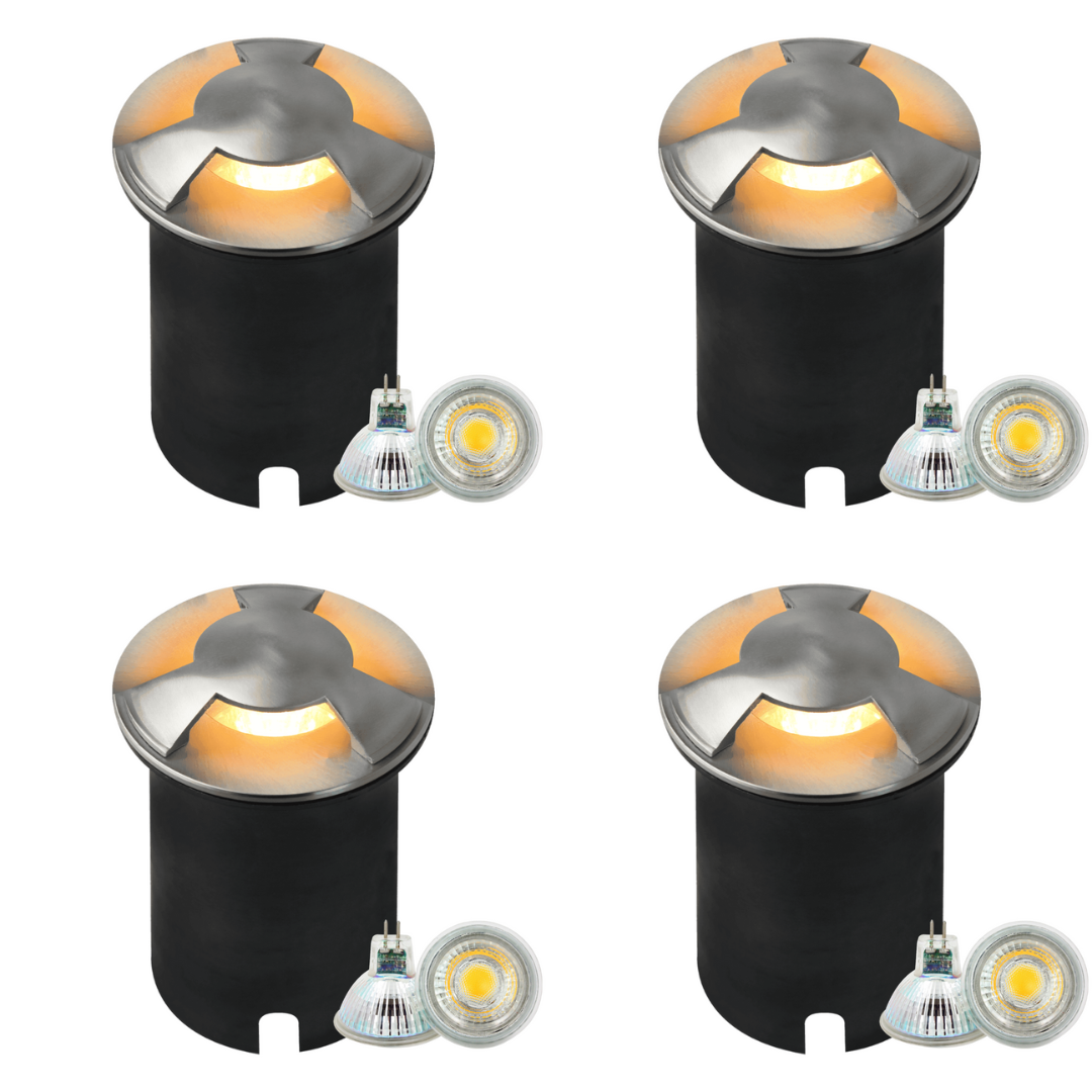 UNS05 4x/8x/12x Package Stainless Steel Tri Directional Three Slit In-Ground 12V Low Voltage LED In Ground Landscape Lighting with 5W 3000K Bulb