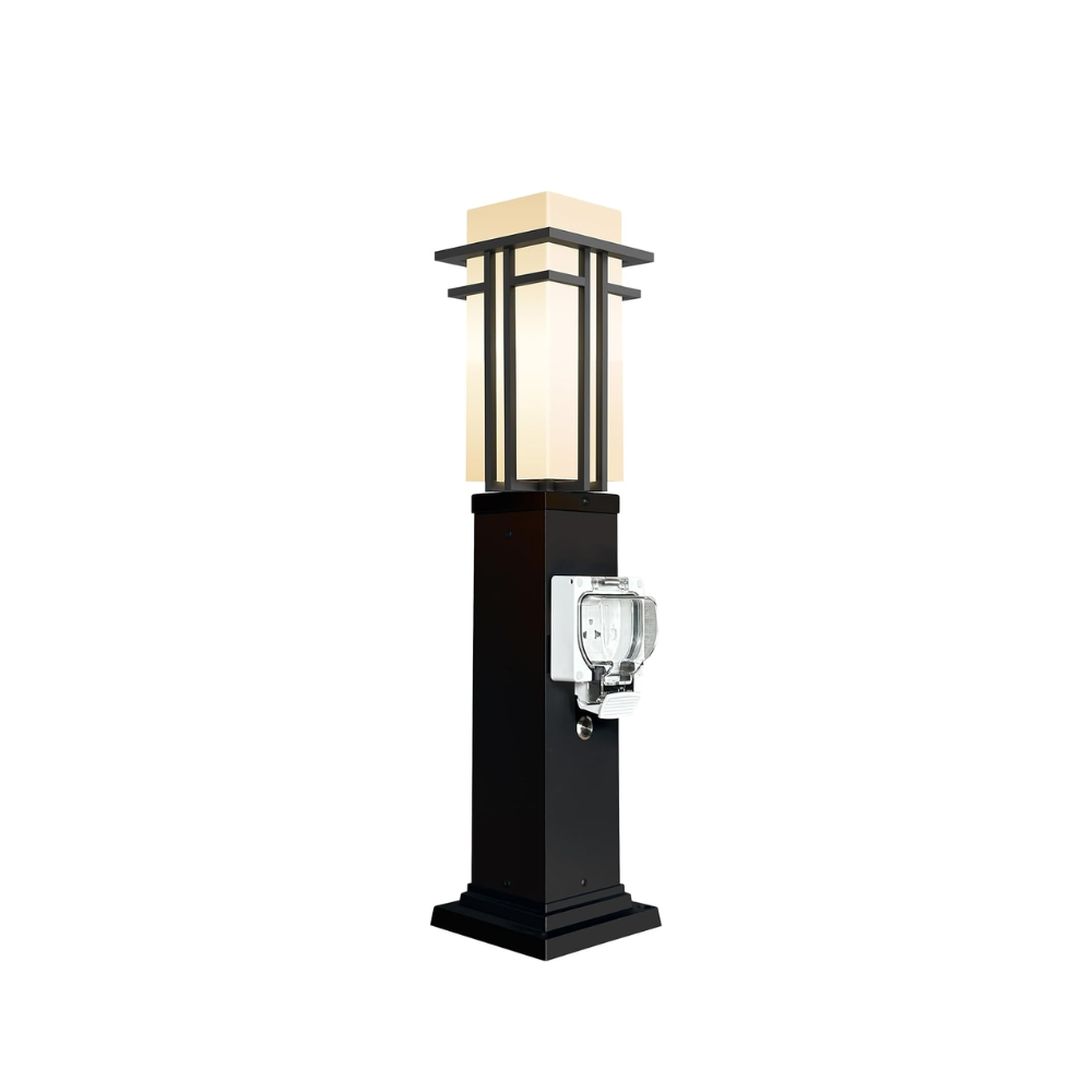 CPLA09 Outdoor Aluminum Post Mounted Lantern Light with 27.5" Post and Built-in GFCI Outlet, Mount Base E26 Socket Line Voltage 120V AC IP65 Waterproof
