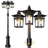 PLH04 360° Motion Sensor and Dusk-to-Dawn Classic Black Aluminum 3-Head Rectangular Post Light 87.5" Pole with Glass Panels 3 E26 Base Medium Base Socket 120V with for Garden, Exterior Lighting