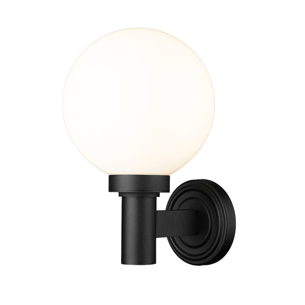 Laurent Outdoor Wall Sconce Light 1 E26 Medium Base Light Bulb Socket Outdoor Marine Grade Aluminum and Glass 9" x 8" x 12.5" Black with White Opal Finish 120V for Garden, Interior, Exterior, Garage and Patio 597M-BK