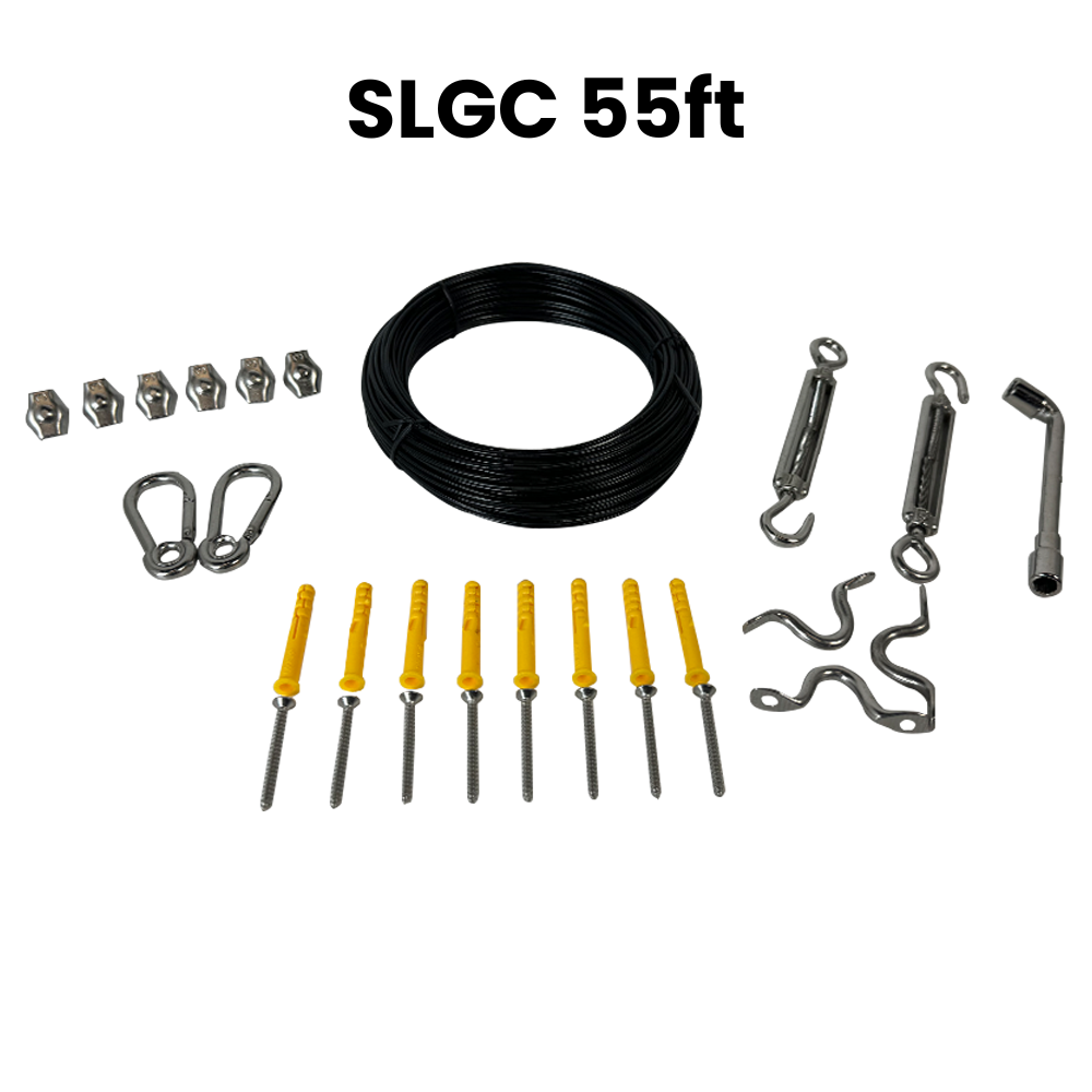 SLGC01 String Light Galvanized Cable Kit 55ft and 111ft, Nylon Coated 304 Stainless Steel Guide Wire and Accessories for Outdoor Bistro String Lights