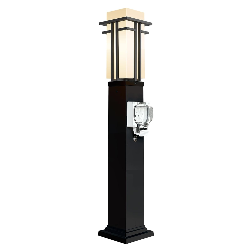 CPLA10 Outdoor Aluminum Post Mounted Lantern Light with 40" Post and Built-in GFCI Outlet, Mount Base E26 Socket Line Voltage 120V AC IP65 Waterproof
