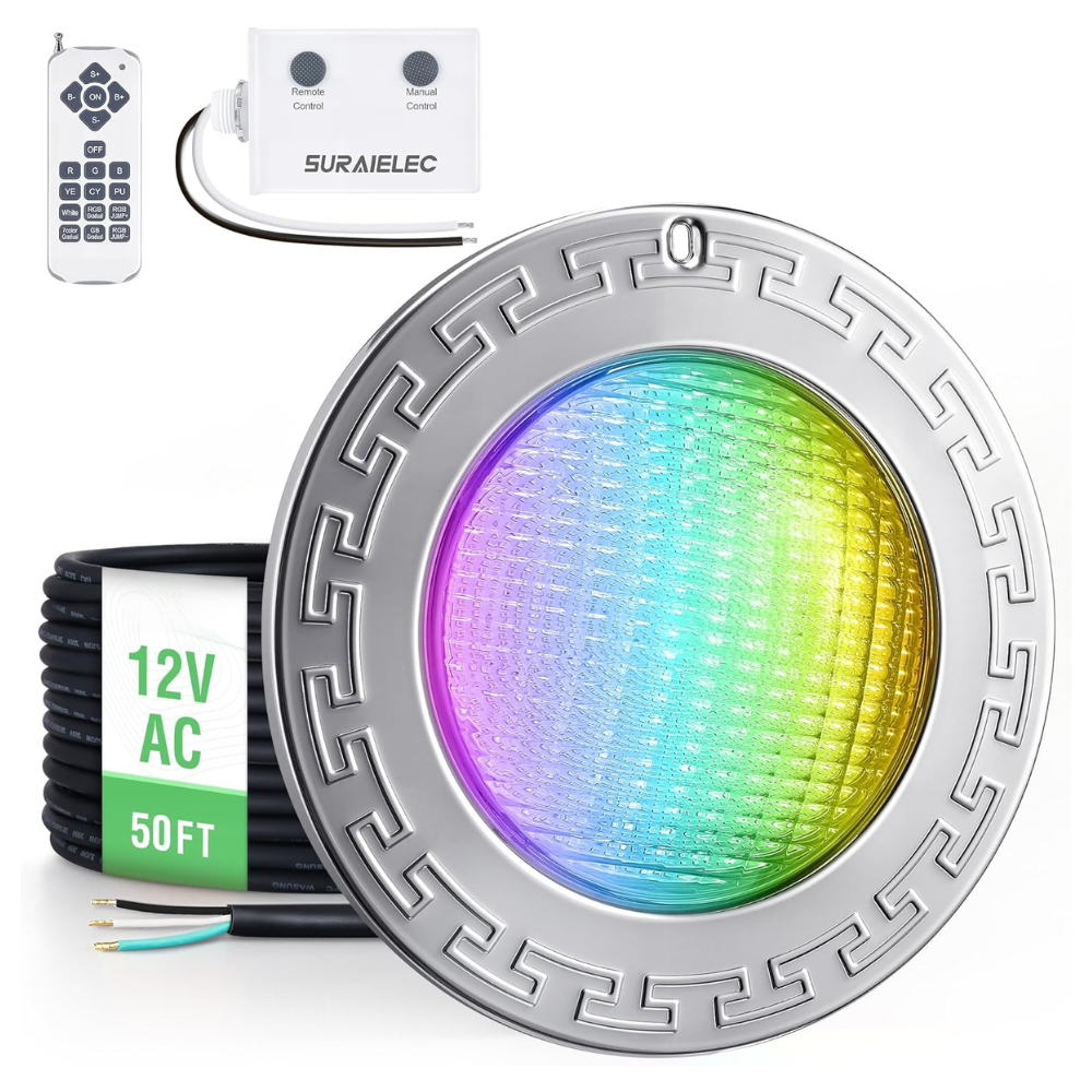 Outdoor Landscape Lighting LED 12V Low Voltage PL35 12V AC Remote-Operated LED Stainless Steel Pool Light Jacuzzi Spa RGBW Color Changing Low Voltage Light with Remote Control 50ft