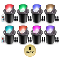 UNRA03 8-Pack 12W RGB + Warm White COB LED Low Voltage In-Ground Landscape Well Lights Waterproof Fixture with Connectors and Remote Controls