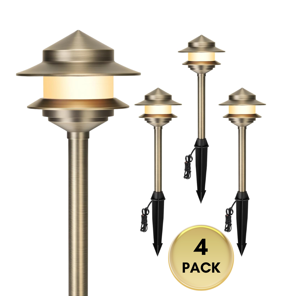 ALP73 LED Two-Tier Pagoda Solid Brass Pathway Lights Package – 12V Low Voltage Outdoor Landscape Path Lighting