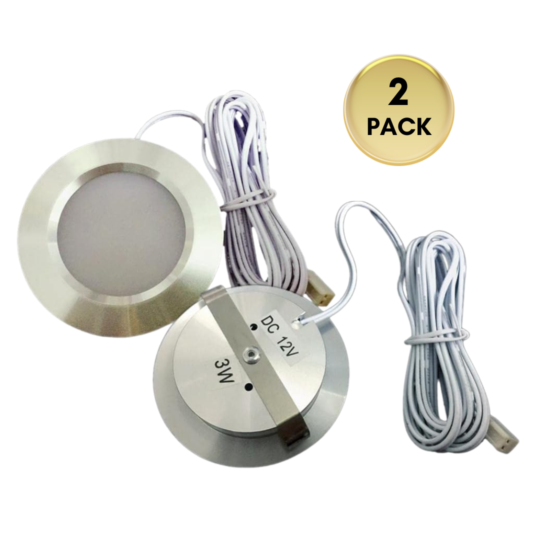 CBA02 2-Pack 12V 3W Round LED Dimmable Aluminum Recessed Cabinet Light Fixture