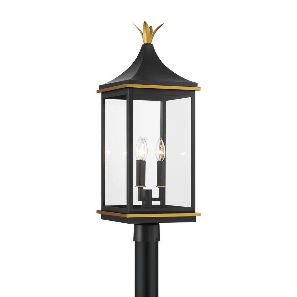 Simpson 3 Light Outdoor Post Light 10"x27.75" Stainless Steel and Glass Matte Black with Textured Gold Finish 120V 3 E12 Candelabra Base LED Bulb Sockets Casual Farmhouse Lantern for Patio, Garden, Exterior Posts