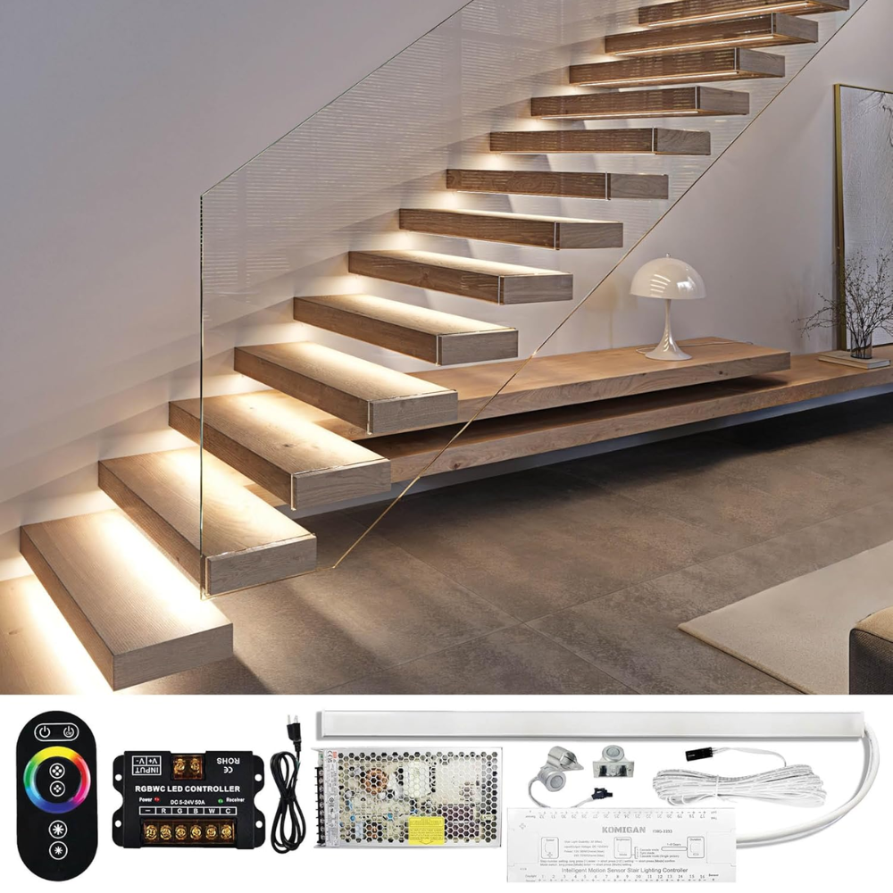 SLMS03 Intelligent LED COB Strip Light Stair Light Kit 10, 16 or 20 Stairs with Remote Control, Motion Sensor, RGB and Tunable 2700K/3000K/3500K/4000K/5000K,