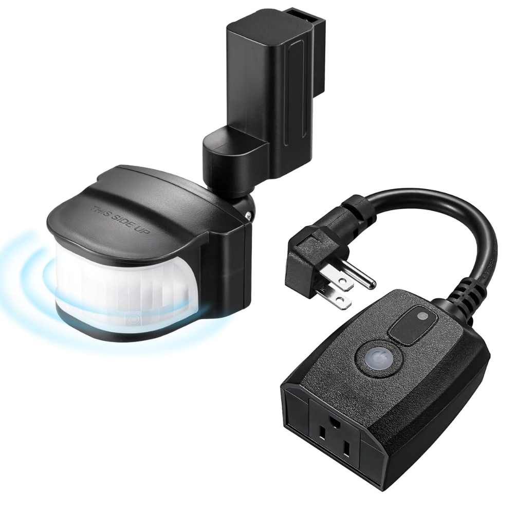 Outdoor Landscape Lighting LED 12V Low Voltage Wireless PIR 240° Sensing Angle Motion Sensor Outlet - 50FT Detection Range, 100FT Wireless Transmitter, Adjustable Angle, Plug & Play, 120V Line Voltage For Outdoor Security Flood Lights IP65 Waterproof