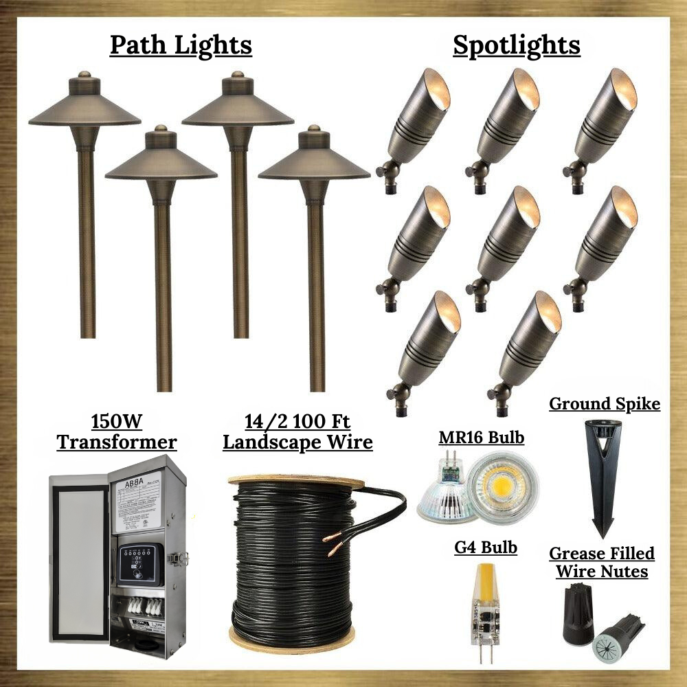 Natural Brass LED Connoisseur Kit: (8) SPB06 Spot Lights, (4) PLB03 Path Lights