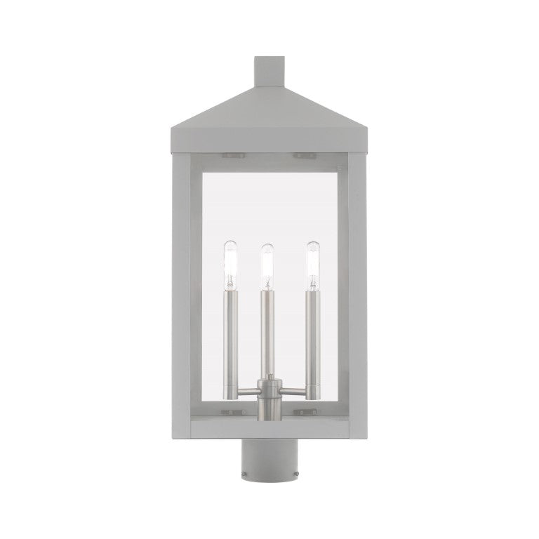 20586-80 Nyack Outdoor Classics 3 E12 Candelabra Base Light Bulb Socket Large Outdoor Post Top Lantern 24"x10.5"x10.5" Solid Brass Lantern and Clear Glass with Nordic Gray Finish 120V for Garden, Exterior Post