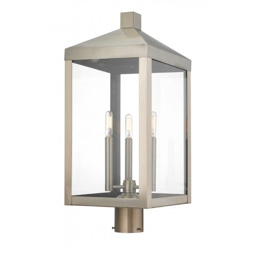 20586-91 Nyack Outdoor Classics 3 E12 Candelabra Base Light Bulb Socket Large Outdoor Post Top Lantern 24"x 10.5" x 10.5" Solid Brass Lantern and Clear Glass with Brushed Nickel Finish 120V for Garden, Exterior Post