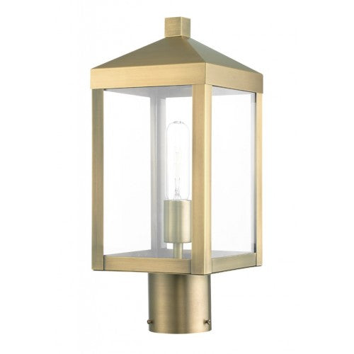 20590-01 Nyack Outdoor Classics 1 E26 Medium Base Light Bulb Socket Small Outdoor Post Top Lantern 6.25" x 6.25" x 15.25" Stainless Steel and Clear Glass with Antique Brass Finish 120V for Garden, Exterior Post