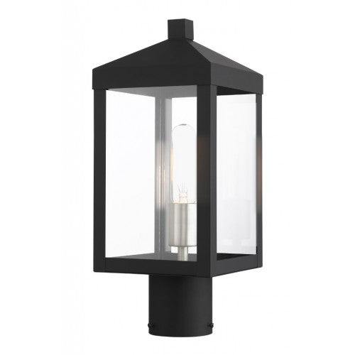 20590-04 Nyack Outdoor Classics 1 E12 Medium Base Light Bulb Socket Small Outdoor Post Top Lantern 6.25" x 6.25" x 15.25" Stainless Steel and Clear Glass with Black with Brushed Nickel Cluster Finish 120V for Garden, Exterior Post