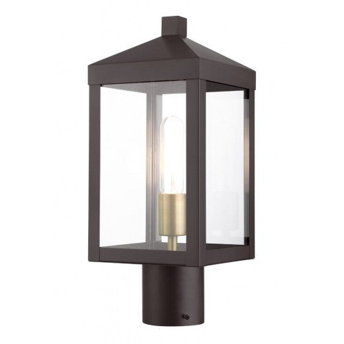 20590-07 Nyack Outdoor Classics 1 E12 Medium Base Light Bulb Socket Small Outdoor Post Top Lantern 6.25" x 6.25" x 15.25" Stainless Steel and Clear Glass with Bronze with Antique Brass Cluster Finish 120V for Garden, Exterior Post