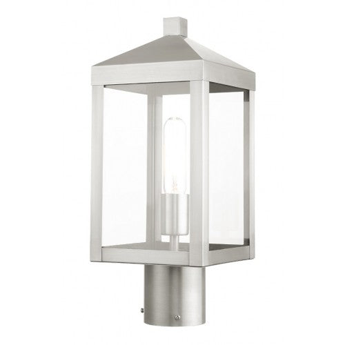 20590-91 Nyack Outdoor Classics 1 E26 Medium Base Light Bulb Socket Small Outdoor Post Top Lantern 6.25" x 6.25" x 15.25" Stainless Steel and Clear Glass with Brushed Nickel Finish 120V for Garden, Exterior Post