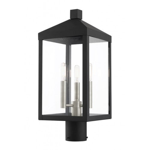 20592-04 Nyack Outdoor Classics 1 E12 Candelabra Base Light Bulb Socket Medium Outdoor Post Top Lantern 8.25" x 8.25" x 19.5" Stainless Steel and Clear Glass with Black with Brushed Nickel Cluster Finish 120V for Garden, Exterior Post