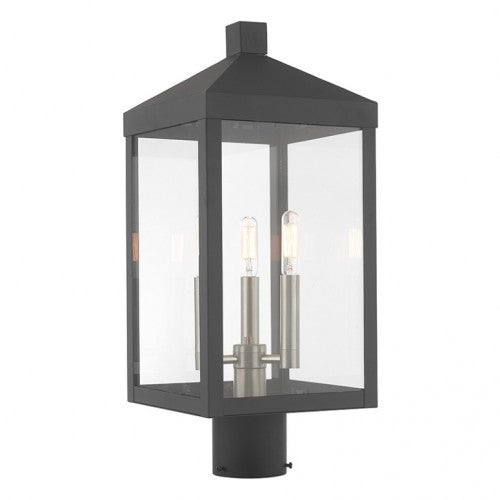 20592-76 Nyack Outdoor Classics 3 E12 Candelabra Base Light Bulb Socket Medium Outdoor Post Top Lantern 8.25" x 8.25" x 19.5" Solid Brass and Clear Glass with Scandinavian Gray with Brushed Nickel Finish 120V for Garden, Exterior Post