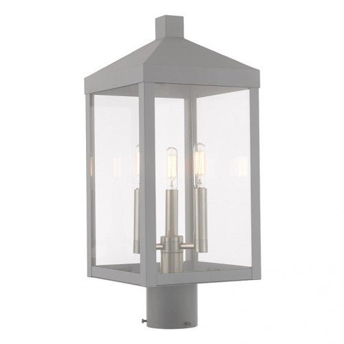 20592-80 Nyack Outdoor Classics 1 E12 Candelabra Base Light Bulb Socket Medium Outdoor Post Top Lantern 8.25" x 8.25" x 19.5" Solid Brass and Clear Glass with Nordic Gray with Brushed Nickel Finish 120V for Garden, Exterior Post