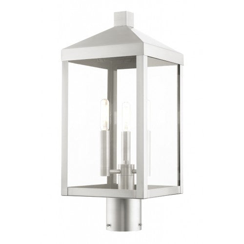 20592-91 Nyack Outdoor Classics 3 E12 Candelabra Base Light Bulb Socket Medium Outdoor Post Top Lantern 8.25" x 8.25" x 19.5" Stainless Steel and Clear Glass with Brushed Nickel Finish 120V for Garden, Exterior Post