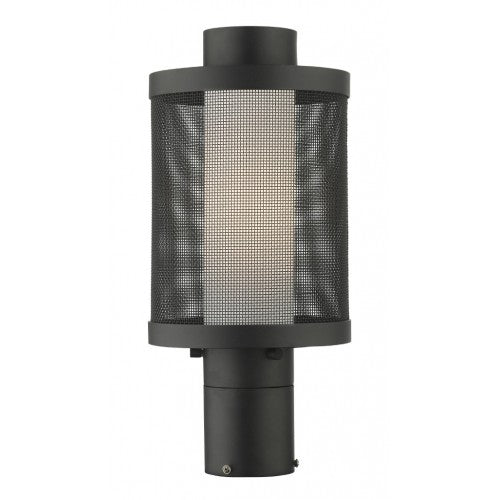 20684-14 Nottingham Medium Base Light Bulb Socket Medium Outdoor Post Top Lantern Stainless Steel and Textured Black Stainless Steel Mesh with Satin Opal White Glass 120V for Garden, Exterior Post