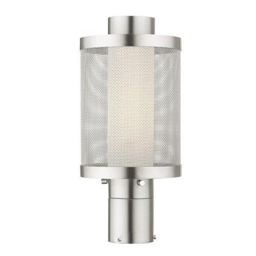 20684-91 Nottingham Medium Base Light Bulb Socket Medium Outdoor Post Top Lantern Stainless Steel and Brushed Nickel Stainless Steel Mesh with Satin Opal White Glass 120V for Garden, Exterior Post
