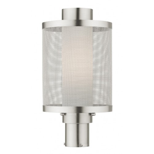20686-91 Nottingham Medium Base Light Bulb Socket Large Outdoor Post Top Lantern Stainless Steel and Brushed Nickel Stainless Steel Mesh with Satin Opal White Glass 120V for Garden, Exterior Post