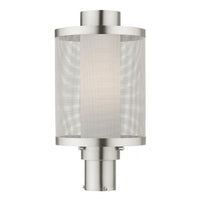 20686-91 Nottingham Medium Base Light Bulb Socket Large Outdoor Post Top Lantern Stainless Steel and Brushed Nickel Stainless Steel Mesh with Satin Opal White Glass 120V for Garden, Exterior Post