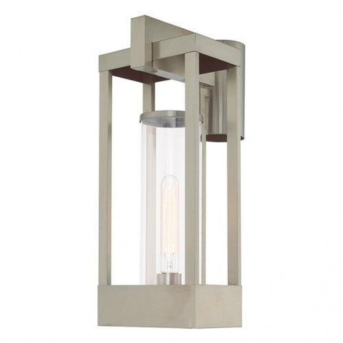 20996-91 Delancey Medium Base Light Bulb Socket Medium Outdoor Post Top Lantern 10.125" x 8" x 18.875" Solid Brass and Cylinder Clear Glass, Brushed Nickel Finish 120V for Garden, Exterior Post