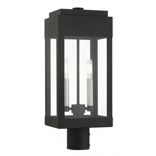 21236-04 York Candelabra Base Light Bulb Socket Medium Outdoor Post Top Lantern 8" x 6.125" x 19.75" Solid Brass and Clear Glass, Black Finish 120V for Garden, Exterior Post
