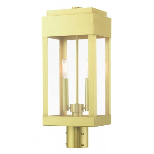 21236-12 York Candelabra Base Light Bulb Socket Medium Outdoor Post Top Lantern 8" x 6.125" x 19.75" Solid Brass and Clear Glass, Satin Brass Finish 120V for Garden, Exterior Post