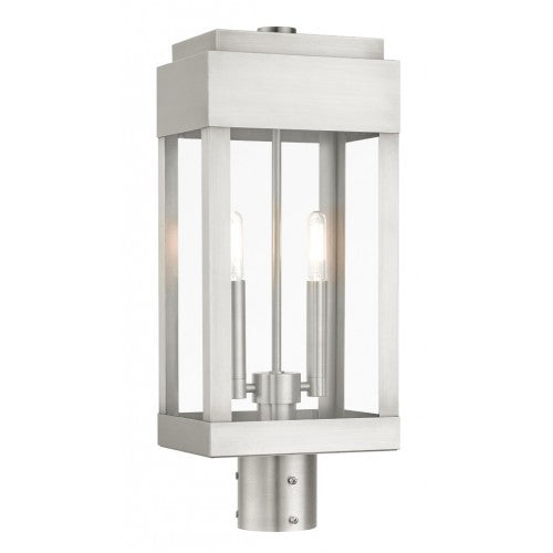 21236-91 York Candelabra Base Light Bulb Socket Medium Outdoor Post Top Lantern 8" x 6.125" x 19.75" Solid Brass and Clear Glass, Brushed Nickel Finish 120V for Garden, Exterior Post
