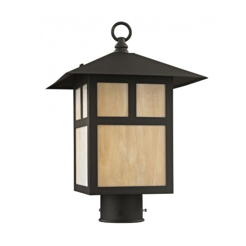2134-07 Montclair Mission Medium Base Light Bulb Socket Medium Outdoor Post Top Lantern 10" x 10" x 15" Hand Crafted Solid Brass and Iridescent Tiffany Glass, Bronze Finish 120V for Garden, Exterior Post