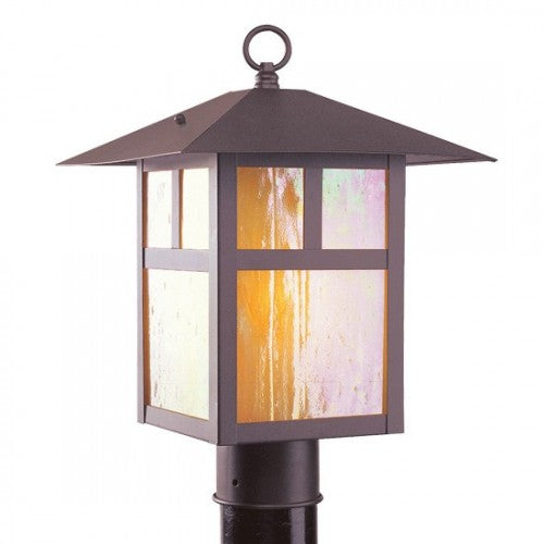 2140-07 Montclair Mission Medium Base Light Bulb Socket Large Outdoor Post Top Lantern 13" x 13" x 18" Hand Crafted Solid Brass and Iridescent Tiffany Glass, Bronze Finish 120V for Garden, Exterior Post