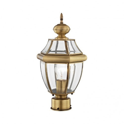 2153-01 Monterey Medium Base Light Bulb Socket Small Outdoor Post Top Lantern 16.5" x 8.5" Hand Crafted Solid Brass and Clear Beveled Glass, Antique Brass Finish 120V for Garden, Exterior Post