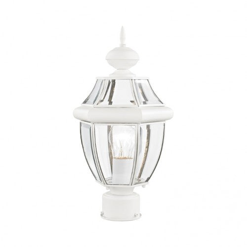 2153-03 Monterey Medium Base Light Bulb Socket Small Outdoor Post Top Lantern 16.5" x 8.5" Hand Crafted Solid Brass and Clear Beveled Glass, White Finish 120V for Garden, Exterior Post