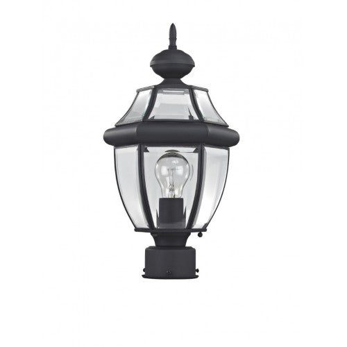 2153-04 Monterey Medium Base Light Bulb Socket Small Outdoor Post Top Lantern 16.5" x 8.5" Hand Crafted Solid Brass and Clear Beveled Glass, Black Finish 120V for Garden, Exterior Post