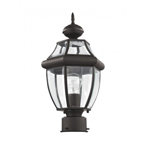 2153-07 Monterey Medium Base Light Bulb Socket Small Outdoor Post Top Lantern 16.5" x 8.5" Hand Crafted Solid Brass and Clear Beveled Glass, Bronze Finish 120V for Garden, Exterior Post