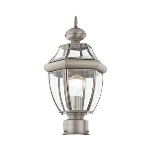 2153-91 Monterey Medium Base Light Bulb Socket Small Outdoor Post Top Lantern 16.5" x 8.5" Hand Crafted Solid Brass and Clear Beveled Glass, Brushed Nickel Finish 120V for Garden, Exterior Post