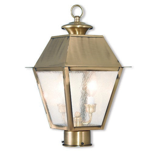 2166-01 Mansfield Candelabra Base Light Bulb Socket Medium Outdoor Post Top Lantern 9" x 9" x 16.5"  Hand Crafted Solid Brass and Seeded Glass, Antique Brass Finish 120V for Garden, Exterior Post