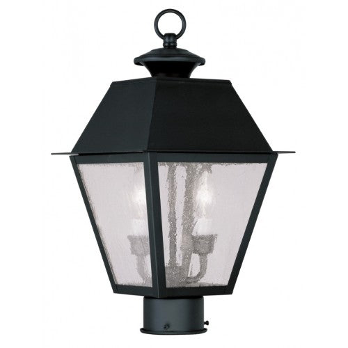 2166-04 Mansfield Candelabra Base Light Bulb Socket Medium Outdoor Post Top Lantern 9" x 9" x 17"  Hand Crafted Solid Brass and Seeded Glass, Black Finish 120V for Garden, Exterior Post