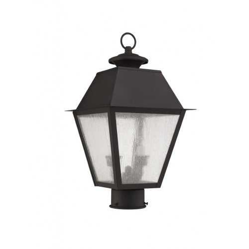 2166-07 Mansfield Candelabra Base Light Bulb Socket Medium Outdoor Post Top Lantern 9" x 9" x 17"  Hand Crafted Solid Brass and Seeded Glass, Bronze Finish 120V for Garden, Exterior Post