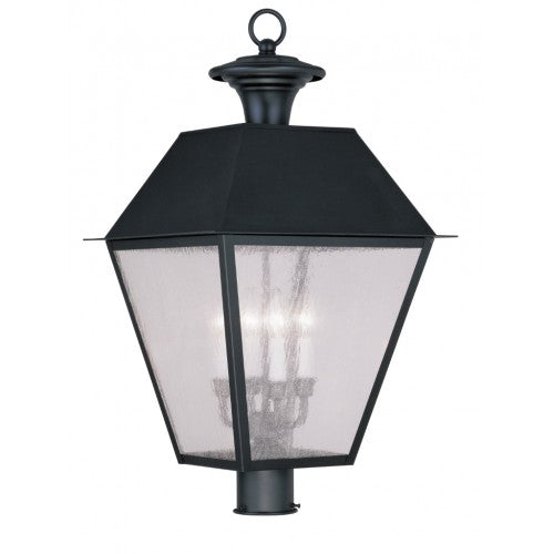 2173-04 Mansfield Candelabra Base Light Bulb Socket Extra Large Outdoor Post Top Lantern 15" x 15" x 27.5"  Hand Crafted Solid Brass and Seeded Glass, Black Finish 120V for Garden, Exterior Post