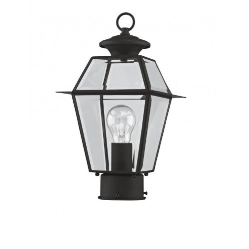 2182-04 Westover Medium Base Light Bulb Socket Small Outdoor Post Top Lantern 7.5" x 7.5" x 14"  Hand Crafted Solid Brass and Clear Beveled Glass, Black Finish 120V for Garden, Exterior Post