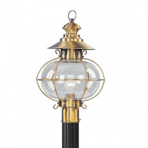2226-22 Harbor Medium Base Light Bulb Socket Large Outdoor Post Top Lantern 20.5" x 12.75" Hand Crafted Solid Brass and Hand Blown Clear Glass, Flemish Brass Finish 120V for Garden, Exterior Post